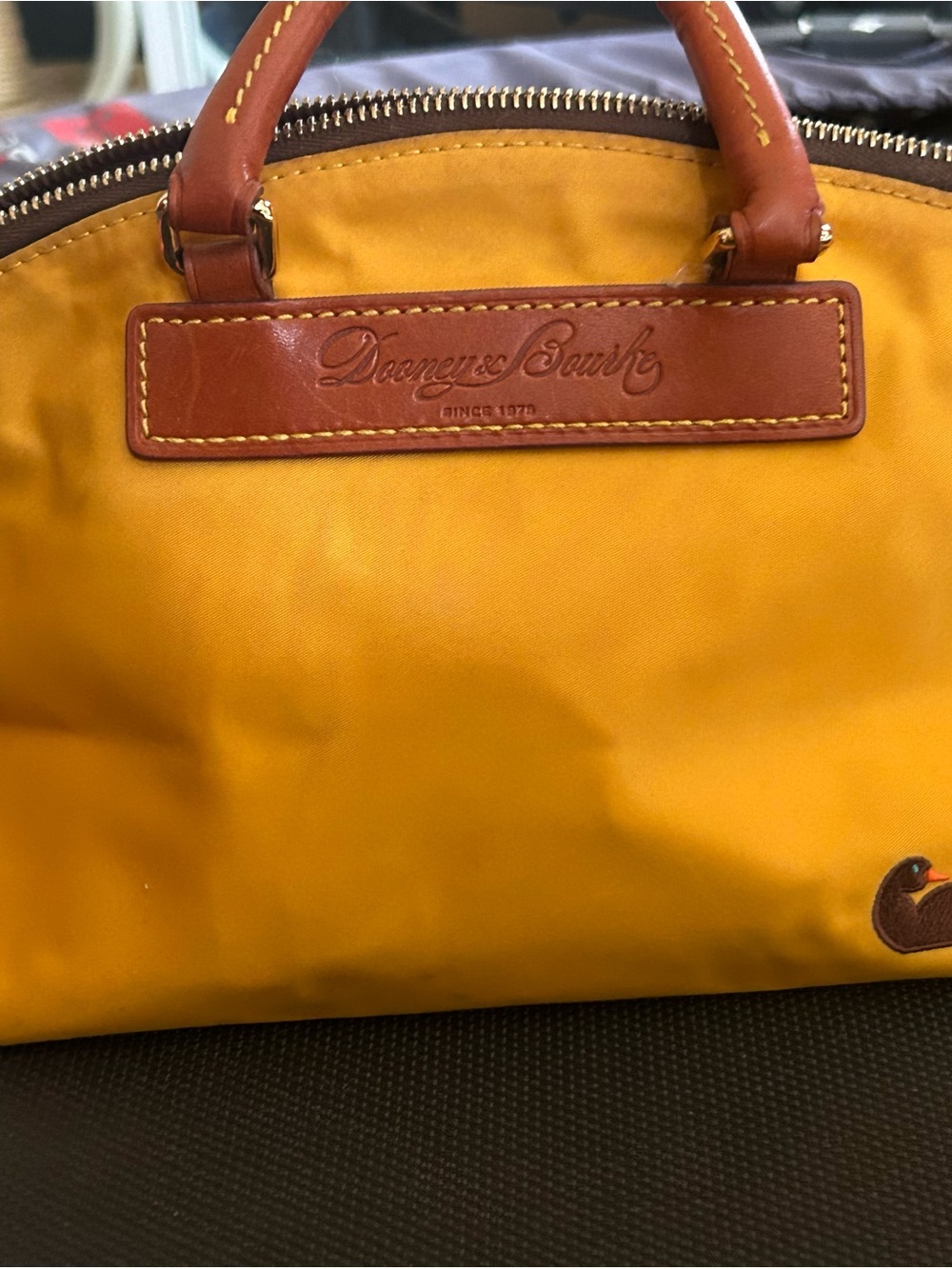 Dooney & Bourke Yellow Nylon Dome Satchel with Brown Leather Trim - Picture 3 of 14